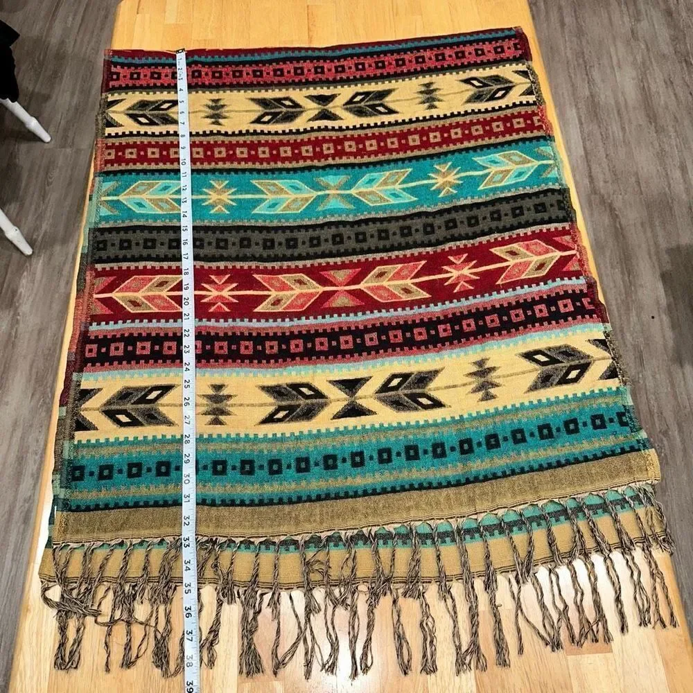 Southwestern‎ Vintage Yarn Woven Sweater Shawl Scarf Colorful Bohemian Fringe